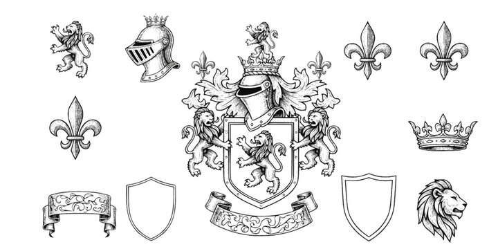 Heraldic Lion. Medieval coat of arms. Lys De Fleur. Crest depicting a lion's flank supporters shield. Knights helmet design. Vintage retro style. Engraving Royalty Emblem. Heraldy King Icon