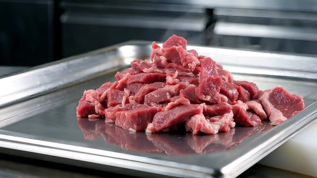 Pieces of fresh raw red beef meat falling onto clean stainless steel tray