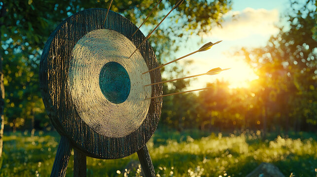 複数の矢が刺さった草原に置かれた的