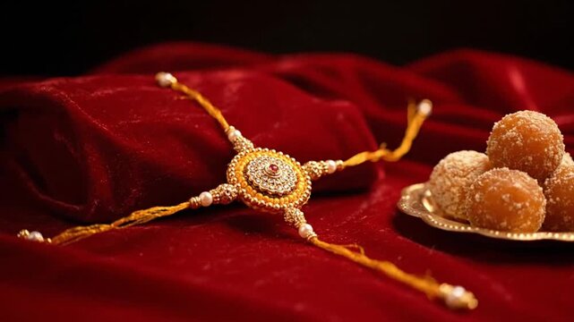 Ornate ceremonial thread and traditional Indian sweets on rich red velvet, symbolizing protection, sibling bond, and festive cultural celebrations of Raksha Bandhan