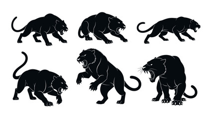 Black Panther Mascot Set, Collection of Roaring Wild Cat Silhouettes, Aggressive Predator Sabertooth Poses for Sports and Gaming Logos, Vector Illustration Isolated on White Background