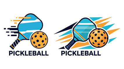 Pickleball Sport Logo Design, Paddle and Perforated Ball with Dynamic Motion Shapes, Vector Illustration for Tournament and Athletic Branding Isolated on White Background