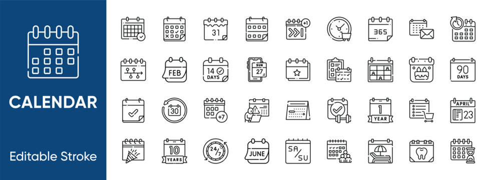 Calendar, schedule and events line icons set. Planner agenda, business appointment, deadline reminder, and time management symbols.
