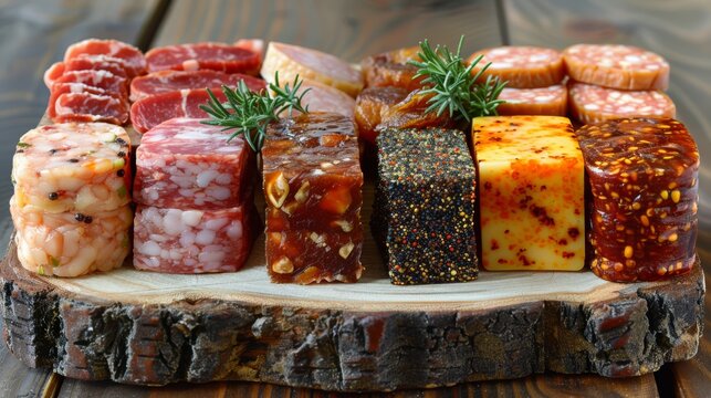 Neatly arranged cubes and rounds of flavorful cured meats sit on a bark-edged wooden board with sprigs of herbs, perfect for gourmet packaging, menus, or catering ads.