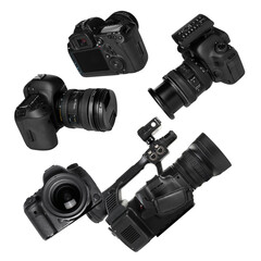 Photo and video cameras flying in air on white background