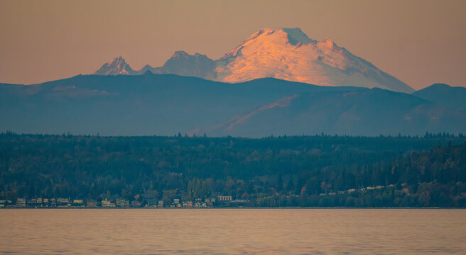 Tulalip Washington and Mount BakerFrom Puget Sound at Sunset