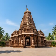 Temple stands majestically with intricate sandstone carvings under a clear blue sky surrounded by palm trees and an open courtyard