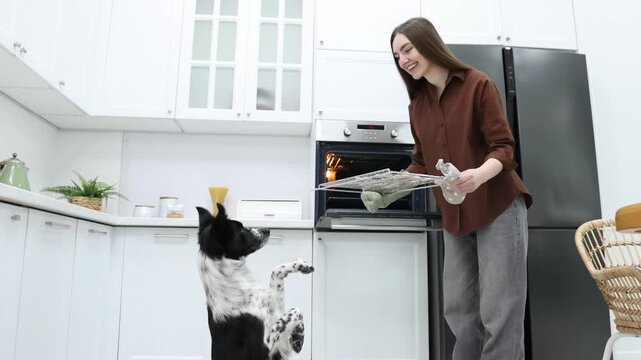 Woman holding tray with bone shaped cookies near cute dog in kitchen, low angle view
