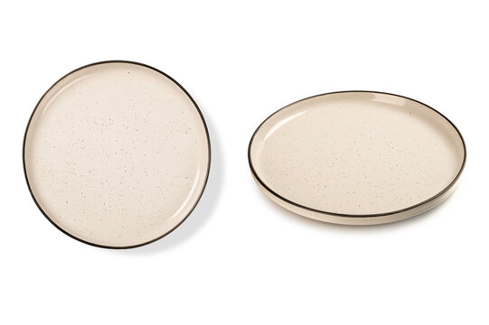 Empty Cream Ceramic Plates Set in Top and Side View on white background.