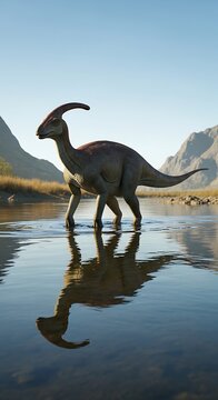 Parasaurolophus dinosaur walking through shallow water with mountain backdrop and reflection.
