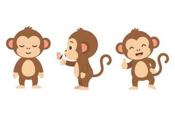 Obraz premium Cute little monkey character set with various expressions and butterfly in flat kawaii vector style