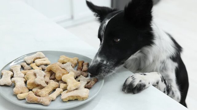 Cute dog near plate with bone shaped cookies on white table in kitchen. Camera moving forward