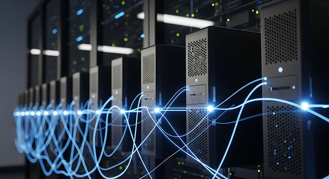 Interconnected dark server node row with glowing illuminated link symbolizing digital network design topology infrastructure data center hardware computing mainframe system architecture