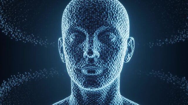 Futuristic digital human face with glowing blue pixels