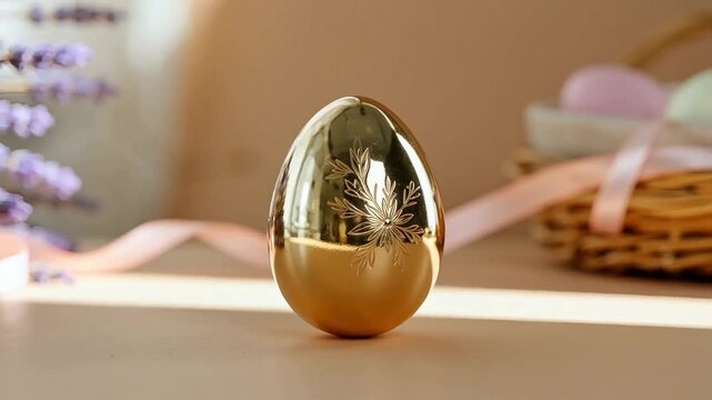 Single shiny golden Easter egg with engraved floral pattern