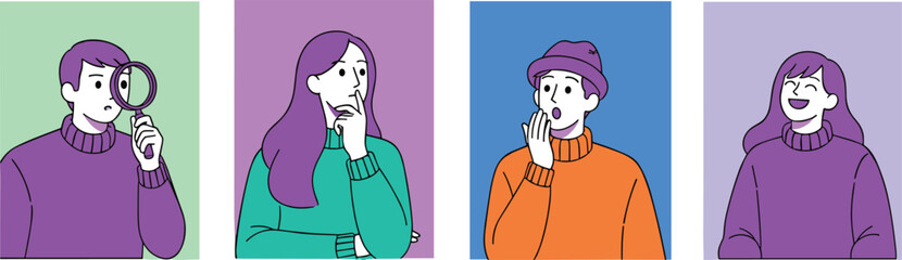 Flat vector illustration set of diverse people expressing emotions, curiosity surprise laughter thinking gesture, modern colorful character portraits collection