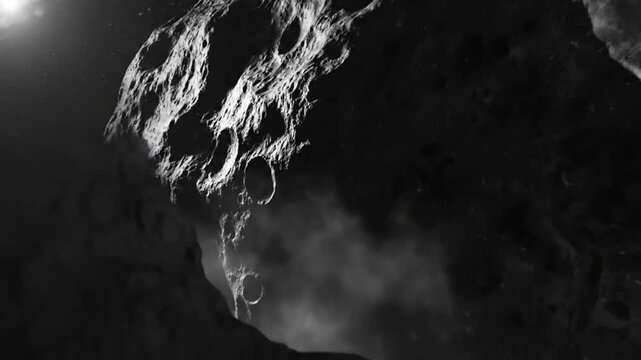 Dramatic fly-through of an asteroid's pockmarked surface with deep craters in the vast blackness of space