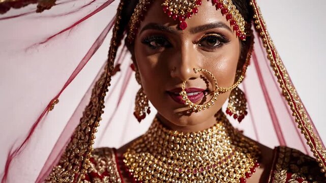Elegant Indian Bride in Traditional Red Attire Reveals Her Face.