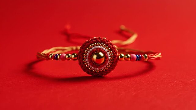 A beautifully crafted Rakhi, a symbol of sibling love, is displayed against a vibrant red backdrop, highlighting its intricate design and traditional significance