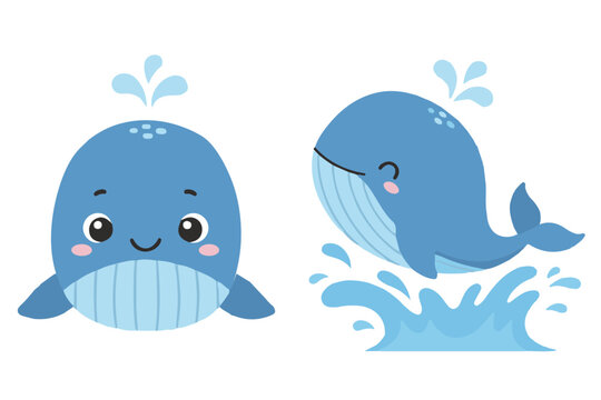 Kawaii blue whale character set splashing in water for ocean life and sea animal clipart