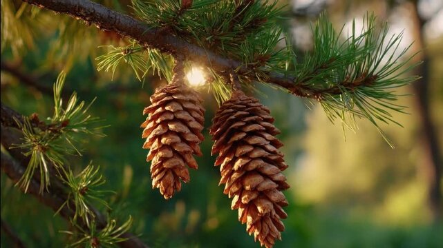 Two pinecones hang from a tree branch needles visible bathed in soft golden sunlight blurred background
