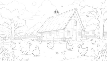 Sketch illustration of a garden in which there are various chickens