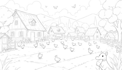 Sketch illustration of a garden in which there are various chickens