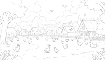 Sketch illustration of a garden in which there are various chickens