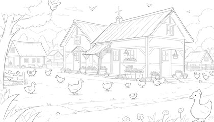 Obraz premium Sketch illustration of a garden in which there are various chickens