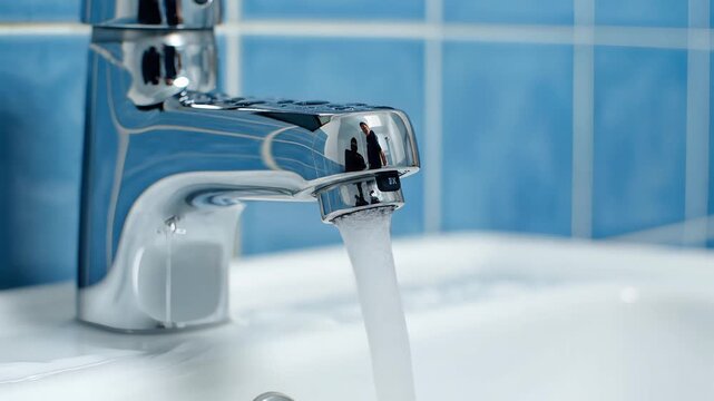 Water running from a chrome tap in school toilets