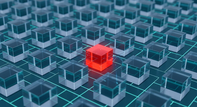 Single Scarlet Geometric Cube Standing Out as a Distinct Anomaly Within a Uniform Grid of Transparent Glass Blocks Representing Digital Error Detection and Systematic Outlier Identification