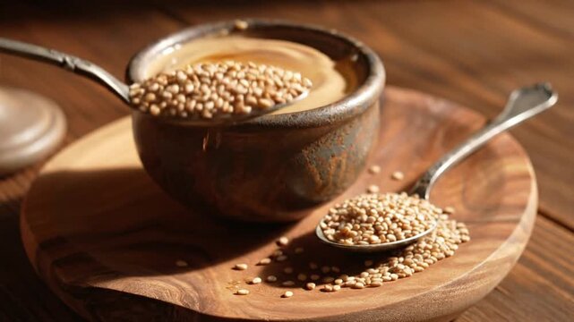 Two spoons of seeds and a bowl of tan paste on a wooden surface