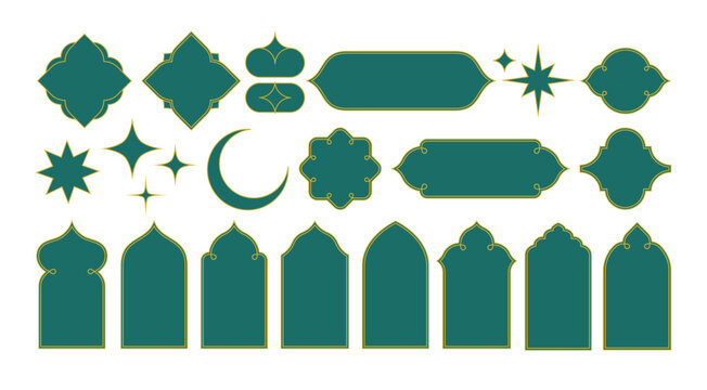 Ramadan Window Frame Shapes. Islamic Star and Moon Elements and Ornaments. Arabic Architecture Geometric Arch Doors Silhouettes Set. Ramadan Kareem Mosque Gates Isolated Icons.