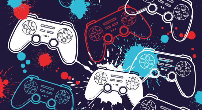 game controllers pattern, colorful splatters on dark background