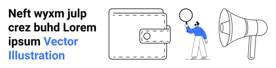 Fototapeta premium Wallet with a button clasp, person holding a balloon, and large megaphone. Ideal for finance, advertising, promotions, minimalistic campaigns, creative concepts, announcements simple landing page