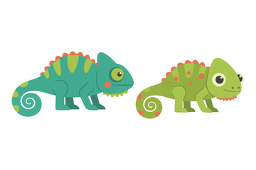 Obraz premium Cute green chameleon character collection in flat vector style for tropical reptile and lizard clipart
