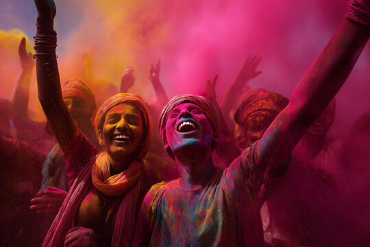 Happy people celebrating Holi festival of colors with bright powdered gulal, joyful group of friends laughing in traditional Indian spring celebration