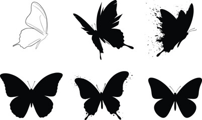 Butterfly silhouette vector set, black and white ink splatter style, minimalist and artistic insect designs for nature, tattoo, decoration, graphic content