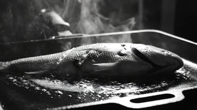 Black and white close up of a whole fish sizzling in a pan with steam rising during the cooking process.