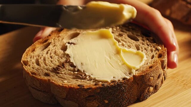 Spreading creamy butter on a slice of rustic seed bread for a delicious breakfast snack