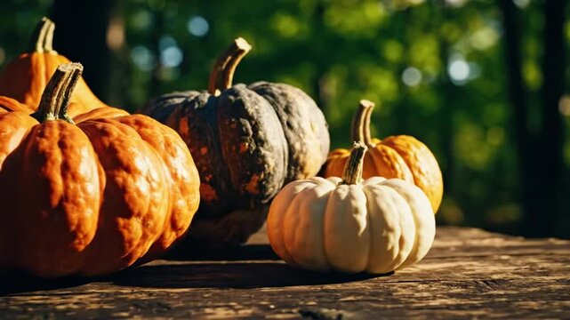 Fall harvest pumpkins arranged on a rustic wooden table with sunlight, autumn vibes, and a bokeh background of green foliage.