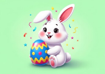 Fototapeta premium Happy white easter bunny with decorated egg on green background