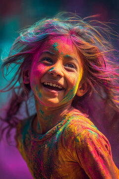 Happy girl celebrating Holi festival with colorful powder, joyful child laughing during traditional Indian celebration of colors