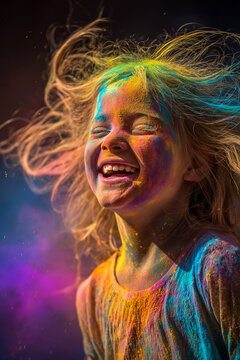 Happy girl celebrating Holi festival with colorful powder, joyful child laughing during traditional Indian celebration of colors