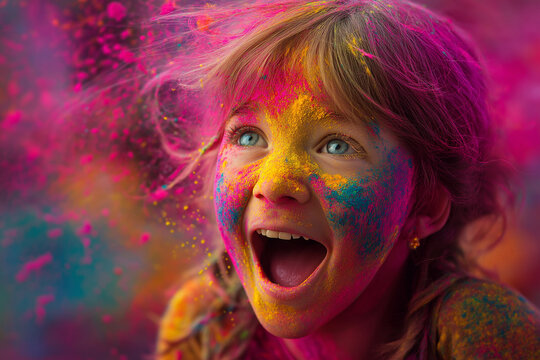 Happy girl celebrating Holi festival with colorful powder, joyful child laughing during traditional Indian celebration of colors