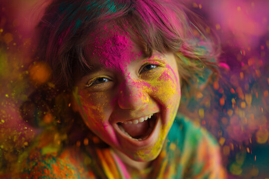 Happy girl celebrating Holi festival with colorful powder, joyful child laughing during traditional Indian celebration of colors