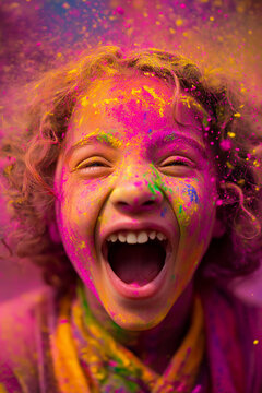 Happy girl celebrating Holi festival with colorful powder, joyful child laughing during traditional Indian celebration of colors