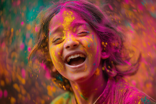 Happy girl celebrating Holi festival with colorful powder, joyful child laughing during traditional Indian celebration of colors