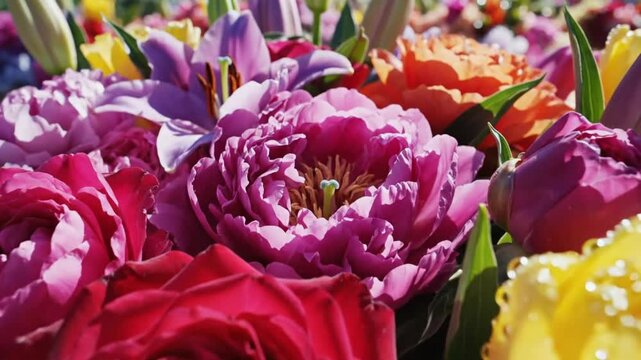 Vivid bouquet of flowers roses peonies  lilies in shades of pink yellow  orange