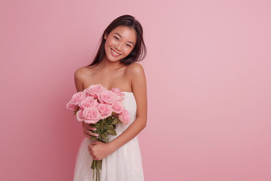 Happy young woman holding bouquet of pink roses for Valentines Day celebration on pink background, AI generated